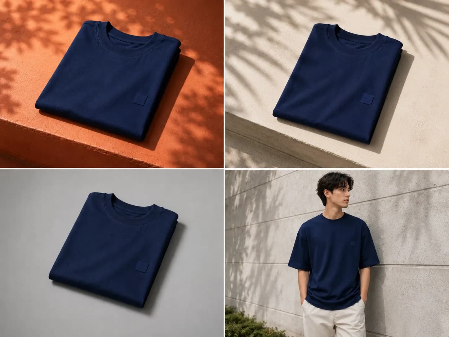 Four generated images of the same folded navy t-shirt: on an orange ledge with leaf shadows, on a cream surface, on a grey surface, and worn by a man against a concrete wall
